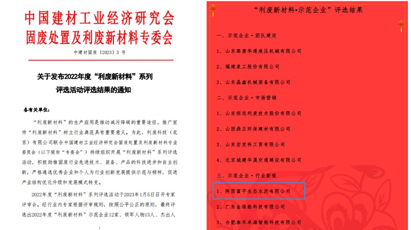 喜報！富平公司榮獲2022年度全國利廢新材料“示范企業(yè)”稱(chēng)號