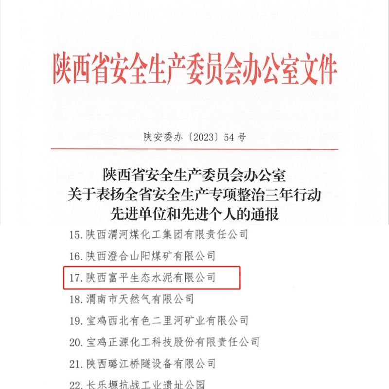 喜報！富平公司榮獲“陜西省安全生產(chǎn)專(zhuān)項整治三年行動(dòng)先進(jìn)單位”稱(chēng)號！